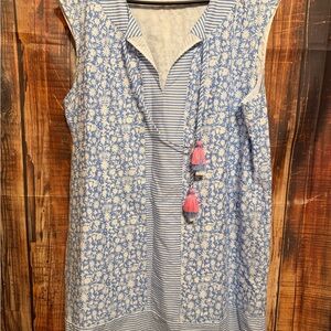 Vineyard Vines Blue and White Floral & Stripe Midi Dress with Pink Tassels